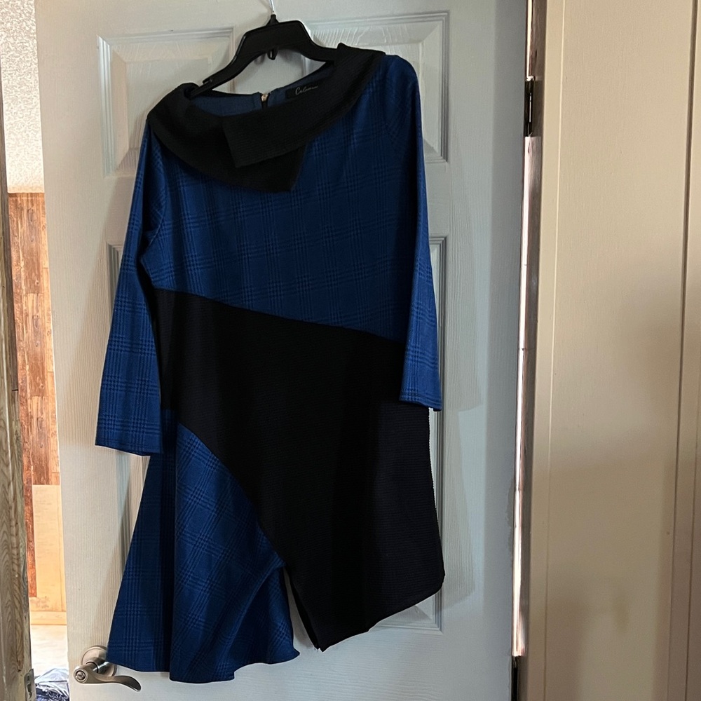 Elegant Blue and Black Tunic Top with Asymmetrical Design by Calessa